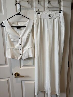 White Two-Piece V-Neck Vest & Wide-Leg Pants Set